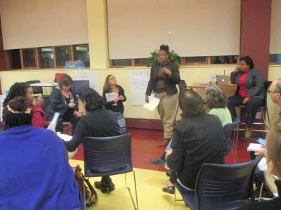 Sholonda Antrum of Coleman Street in Dorchester spoke about her experience with enrolling her children in school at last Thursday’s meeting at the Kroc Center. Of the proposed unified enrollment plan, Antrum says: “This will work for us.” 	Maddie Kilgannon photo